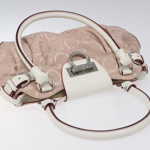 Salvatore Ferragamo Gancini Hand Bag Canvas Pink White Silver Auth yk17617